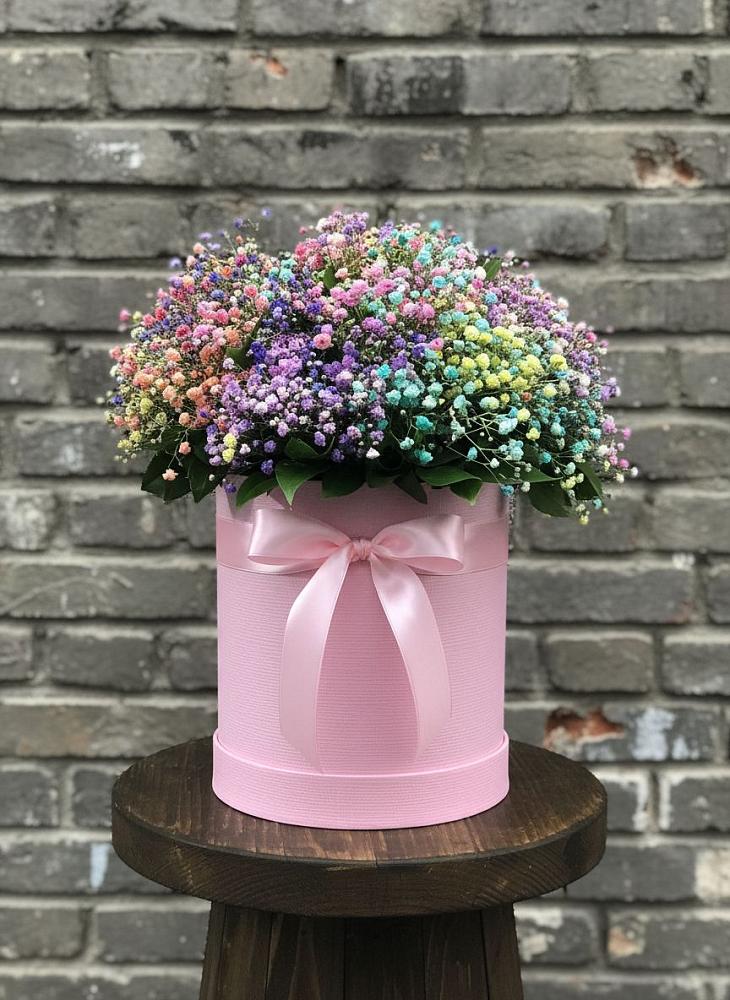 Цветочная композиция из Гипсофила и Розы в шляпной коробке в Макашевке