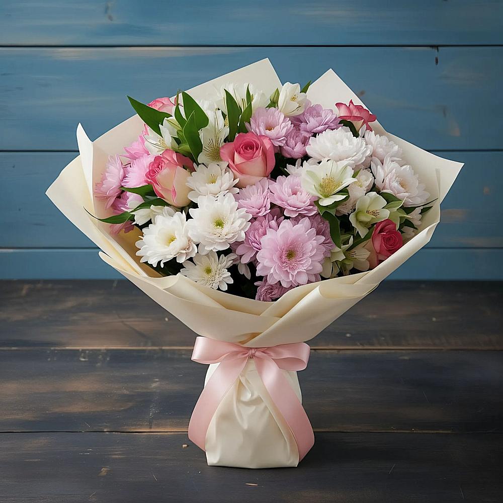 Букет цветов из: Хризантемы, Альстромерии и Розы в Макашевке